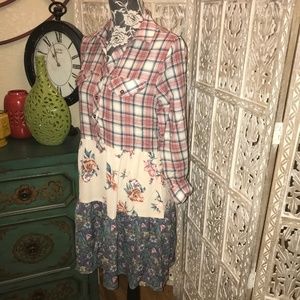 New ODDI Dusty Pink Plaid Tier Floral Shirt Dress